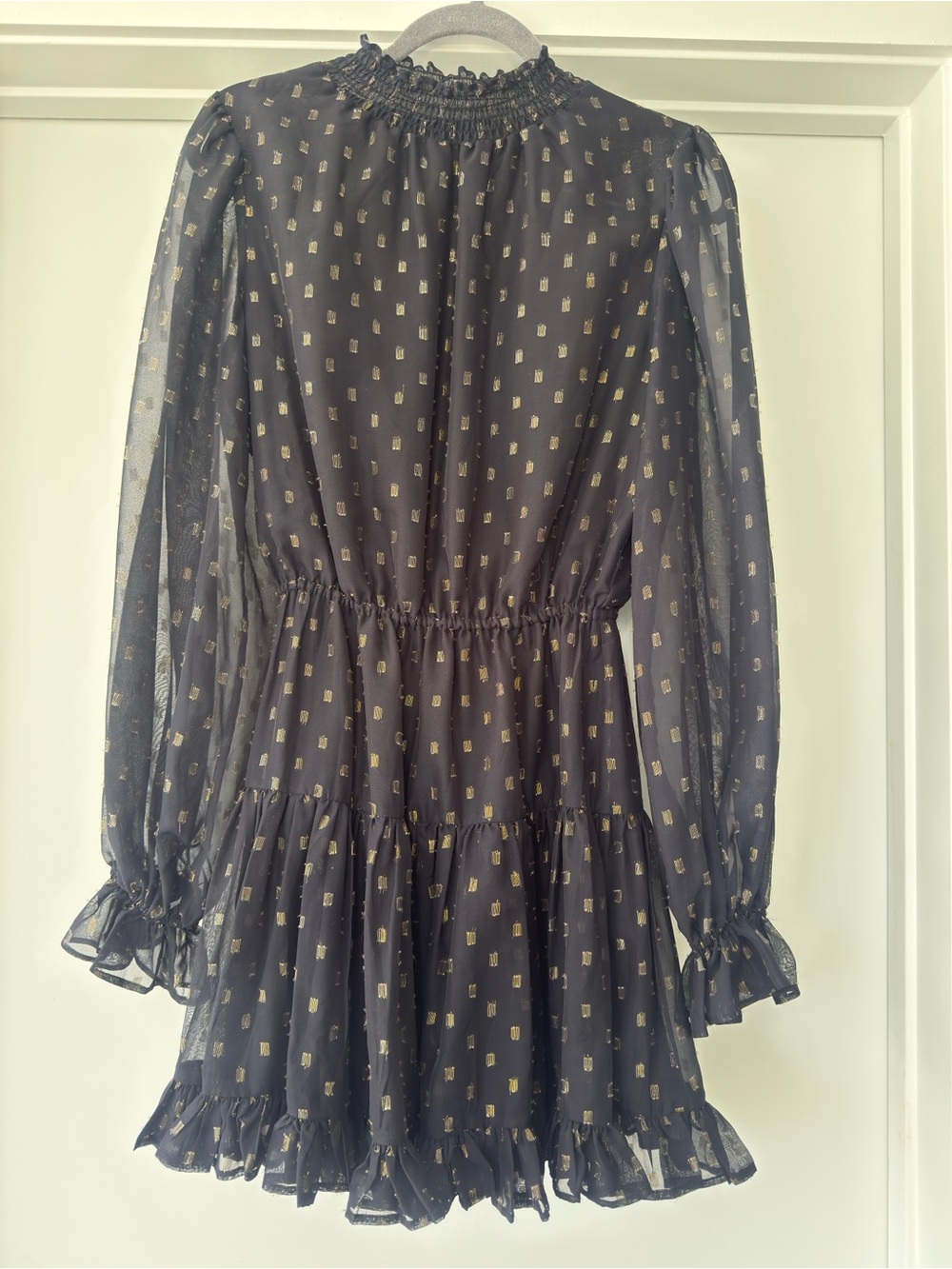 Aqua Black Dress with Gold Dot Print - Smocked Neck & Ruffle Hem